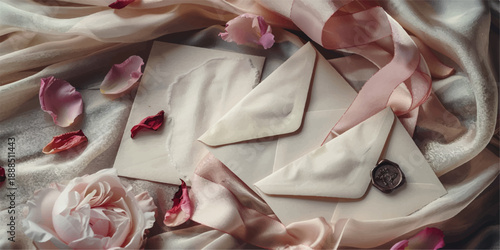 Romantic wedding invitation with pink roses and silk ribbon