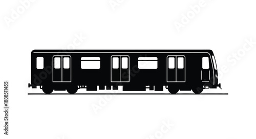 A stark black silhouette depicts a classic subway train car with detailed windows and a streamlined form silhouette high quality professional