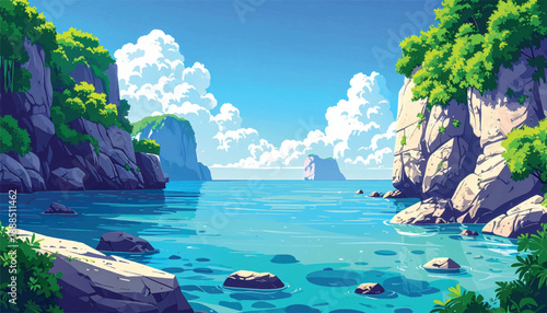 Narrow tropical passage opening toward bright ocean horizon. Cliff framed island seaway illustrated with vibrant daylight. Serene coastal corridor leading into open blue waters