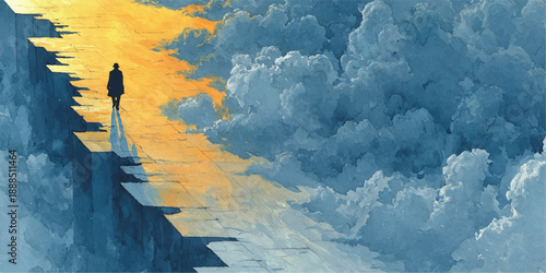 Man standing on cliff overlooking clouds at sunset