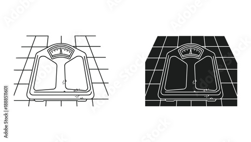 Line art and solid representation of bathroom scale on tiled floor