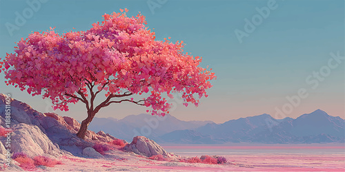 Magical pink cherry blossom tree on rocky shore at sunset