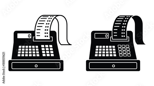 Cash register printing receipts in black and white