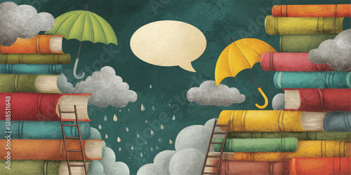Colorful books with umbrellas in rainy cloudy sky