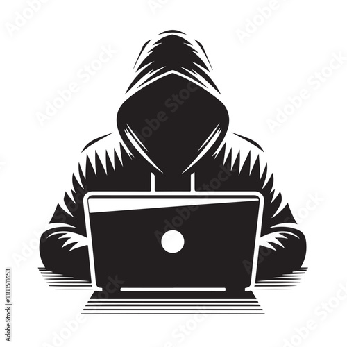 Anonymous Hacker Using Laptop Silhouette Illustration