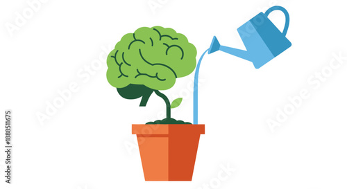 Cultivating Knowledge A brain plant in a pot being watered, symbolizing continuous learning, intellectual growth, and nurturing new ideas for mental development