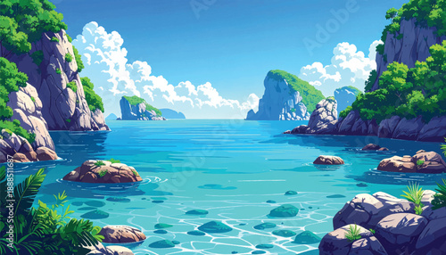 Open tropical lagoon surrounded by rocky shores and blue sky. Bright island seascape showing crystal water and coastal cliffs. Clear ocean view illustration with peaceful tropical atmosphere