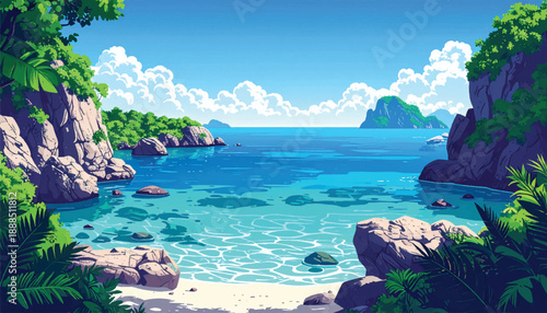 Tropical coastal bay with rocky foreground and clear ocean water. Sunny island cove illustration featuring calm blue seascape. Peaceful shoreline scenery framed by cliffs and shallow sea