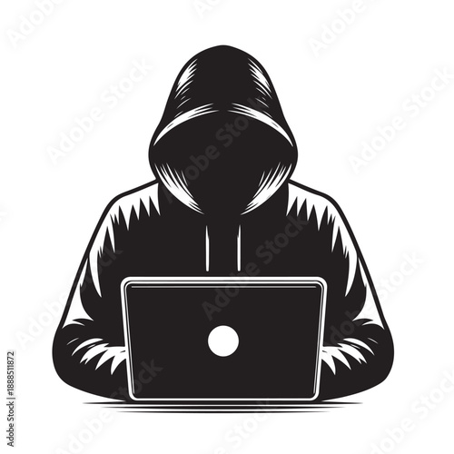 Anonymous Hacker Using Laptop Silhouette Illustration
