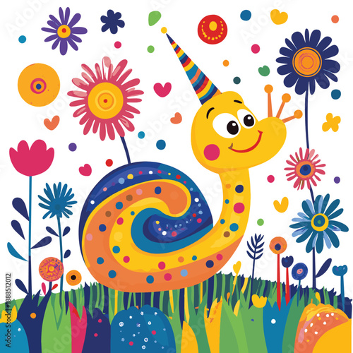 Cheerful Party Snail in a Colorful Garden , vector style simple color