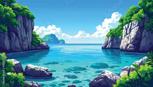 Symmetric tropical cliffs opening toward endless blue ocean. Balanced island seascape with calm water and clear sky. *Harmonious coastal illustration featuring open horizon view