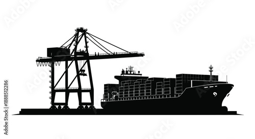 A stark black silhouette depicts a large cargo ship docked alongside a port crane showcasing industrial maritime transport silhouette high quality