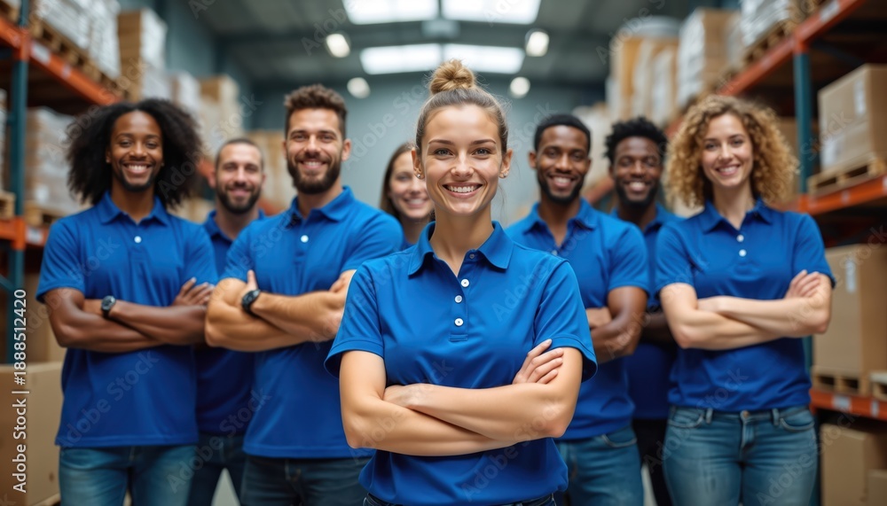 Obraz premium Diverse team of smiling workers in blue shirts stand arms crossed in a warehouse. They pose confidently for photo amidst shelves piled high with boxes and machinery.