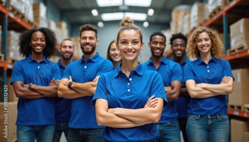Diverse team of smiling workers in blue shirts stand arms crossed in a warehouse. They pose confidently for photo amidst shelves piled high with boxes and machinery.