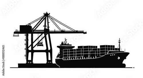 A container ship is docked alongside a large port crane creating a striking black silhouette high quality professional detailed modern elegant