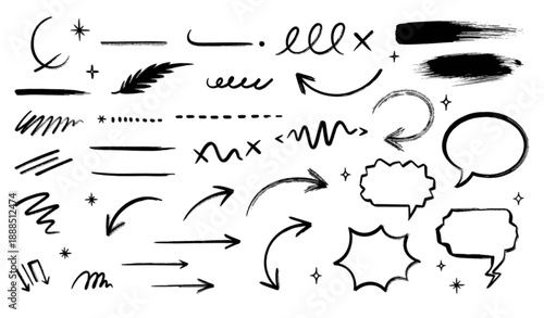 Hand Drawn Sketch Underline and Arrow Brush Stroke Vector Set on White Background