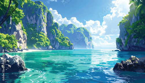 Tropical cliffs waterfall opening into clear blue ocean bay. Majestic island coast with cascading water and sunlight. Exotic seaside illustration blending motion nature harmony