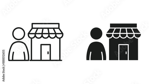 Simple line art icons of people standing near storefronts