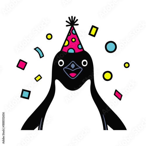 A cheerful cartoon penguin wearing a colorful party hat with confetti and shapes on a white background.