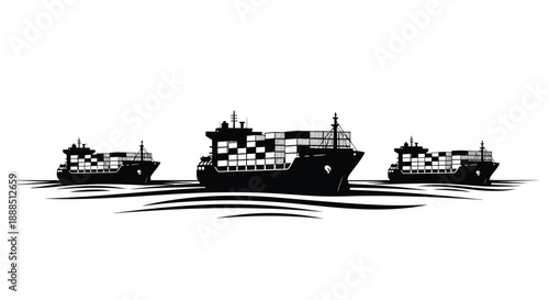 A striking black silhouette depicts three cargo ships sailing on wavy water creating a minimalist maritime scene silhouette high quality professional