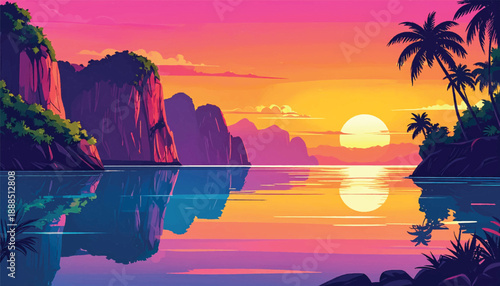 Tropical sunset bridge connecting islands across mirrored sea. Exotic coastal passage glowing with golden evening hues. Dreamy island linkage scene reflecting tranquil ocean calm