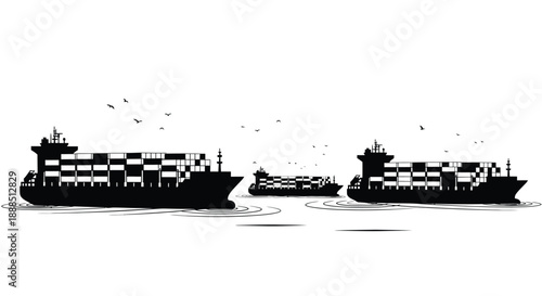 A stark black silhouette of cargo ships sailing on water under a cloudy sky creating a dramatic visual effect silhouette