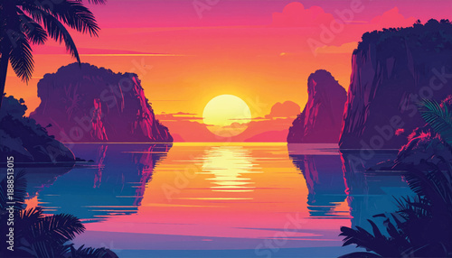 Tropical waterfall cliffs glowing beneath dramatic sunset sky. Majestic island cascade reflected across calm coastal waters. Dreamlike nature scene blending cliffs sunlight motion