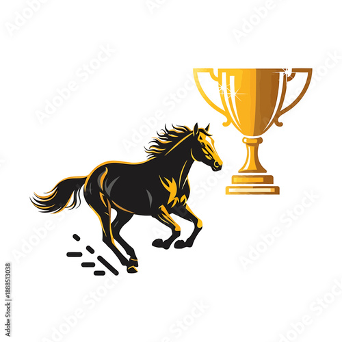 A galloping horse beside a golden trophy icon illustration viewed from the side in a competitive environment symbolizing victory