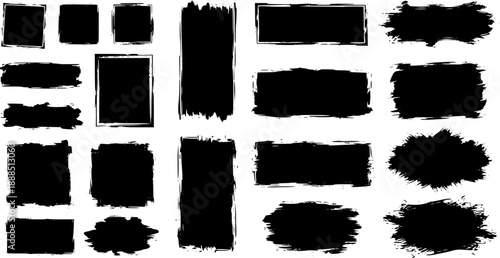 Black vector rough edge rectangles. Grunge square frames set. Jagged edge torn paper background collection. Paint brush strokes. Grungy distressed text boxes. Transparent background EPS version.