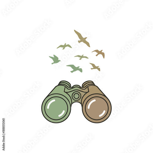 Birdwatching scene with binoculars and birds flying in the air, a serene outdoor activity from a frontal viewpoint, icon reference used