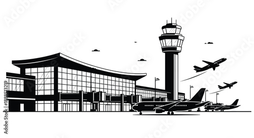 A black and white illustration of an airport terminal control tower and airplanes in flight a striking silhouette high quality professional