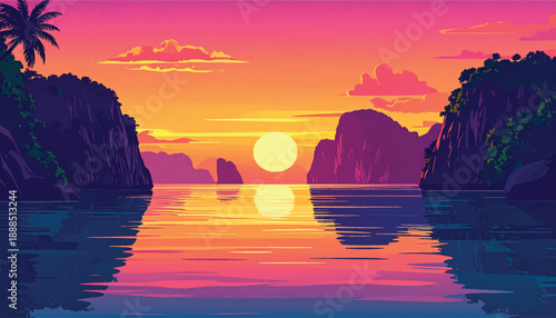 Minimalist sunset valley reflected within calm tropical waters. Clean composition landscape featuring glowing solar symmetry. Modern nature illustration showcasing serene coastal depth