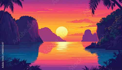 Golden sunset bay surrounded by lush palms and cliffs. Peaceful tropical inlet glowing beneath colorful dusk sky. Exotic coastal evening scene with radiant sun reflection