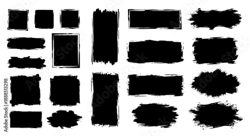 Black vector rough edge rectangles. Grunge square frames set. Jagged edge torn paper background collection. Paint brush strokes. Grungy distressed text boxes. Transparent background PNG version.