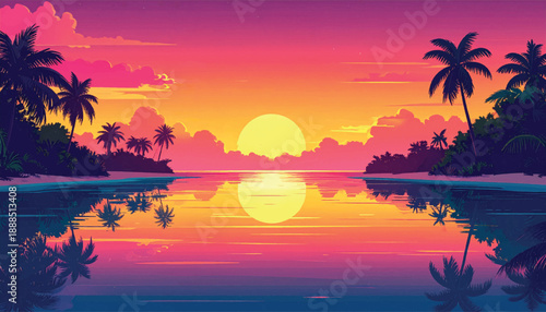 Perfect symmetry island sunset mirrored across glassy waters. Balanced tropical landscape showcasing peaceful golden dusk. Harmony inspired paradise scene with reflective ocean calm