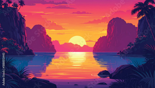 Dramatic sunset canyon framed by towering cliffs and waterway. Cinematic evening light glowing across remote tropical passage. Majestic coastal gorge illuminated by warm solar descent