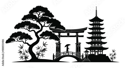 A striking black silhouette depicts a traditional japanese garden with a pagoda torii gate and lush trees silhouette high quality professional