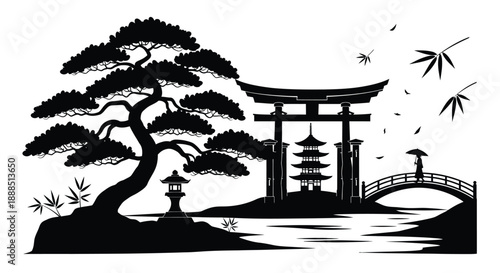 A striking black and white illustration depicts a traditional japanese garden scene with a torii gate silhouette high quality professional detailed