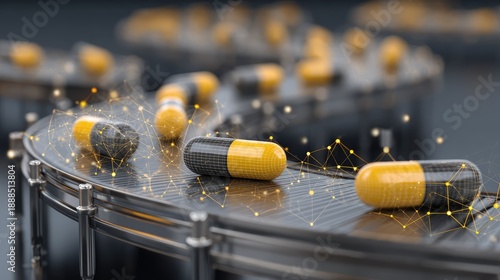 Close-up of Pharmaceutical Capsules on Conveyor Belt with Digital Network Connections Illustrating Modern Drug Manufacturing and Distribution Processes