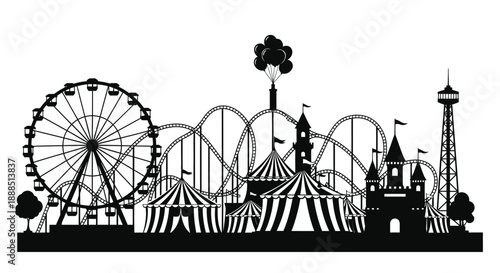 A striking black and white illustration depicts an amusement park skyline with a distinct silhouette high quality professional detailed modern elegant