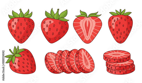 Fresh strawberry vector set with whole half and sliced berries