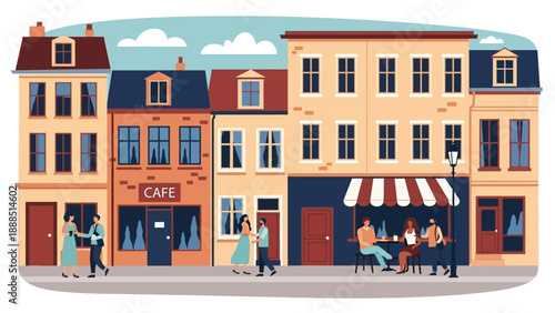 People walking and sitting outside a cafe in a vibrant city street scene illustration