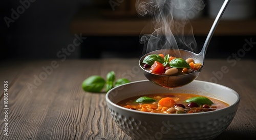 Ladle serving steaming hearty vegetable soup on a rustic wooden table, embodying a comforting and healthy winter meal concept with fresh ingredients © antuanetto
