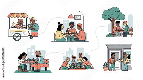 People gather at outdoor cafes and food trucks in urban settings enjoying meals together