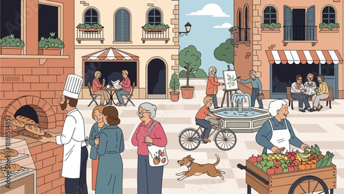 Bustling street scene with people shopping and dining outdoors in a vibrant market environment