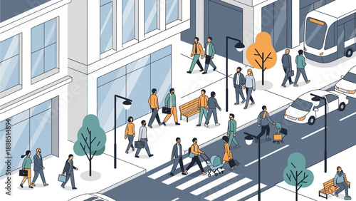 City street scene with pedestrians crossing the road near buildings and vehicles