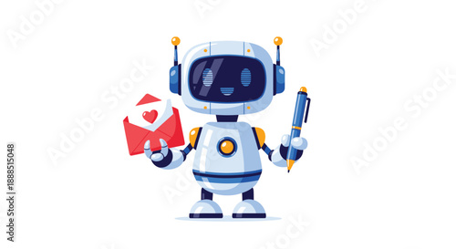 A charming robotic figure holds a letter and pen suggesting communication and affection presented as a silhouette high quality professional detailed