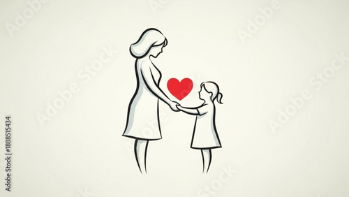 Continental Line Drawing of Mother and Daughter Holding Red Heart Symbol Page
