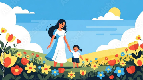 Mother and Daughter Walking Hand in Hand through Vibrant Flower Field on Sunny Day