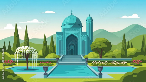 Blue Mosque in Serene Garden Landscape with Fountain and Dome Architecture